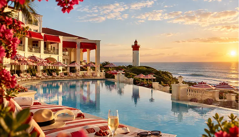 Pool terrace at The Oyster Box at sunset