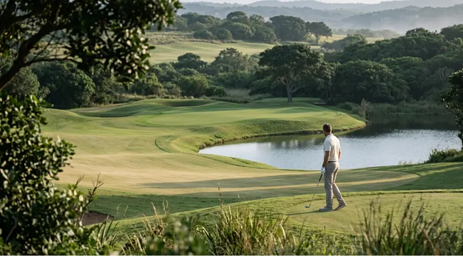 Golfer beside a lake at Zimbali