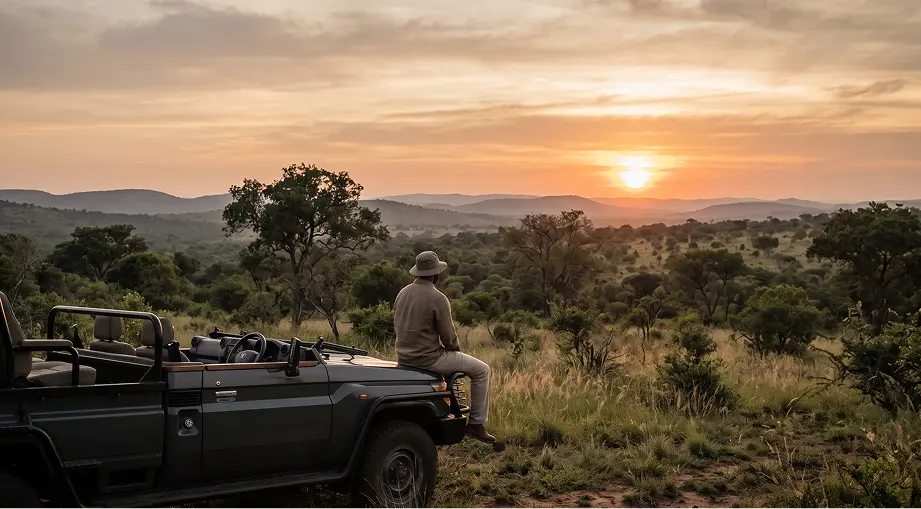 Safari vehicle at sunset in Manyoni