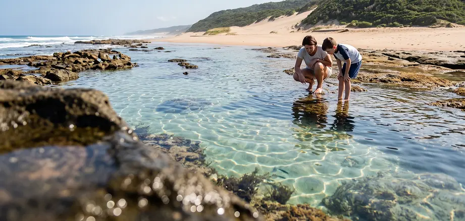 Family exploring rock pools at Mabibi
