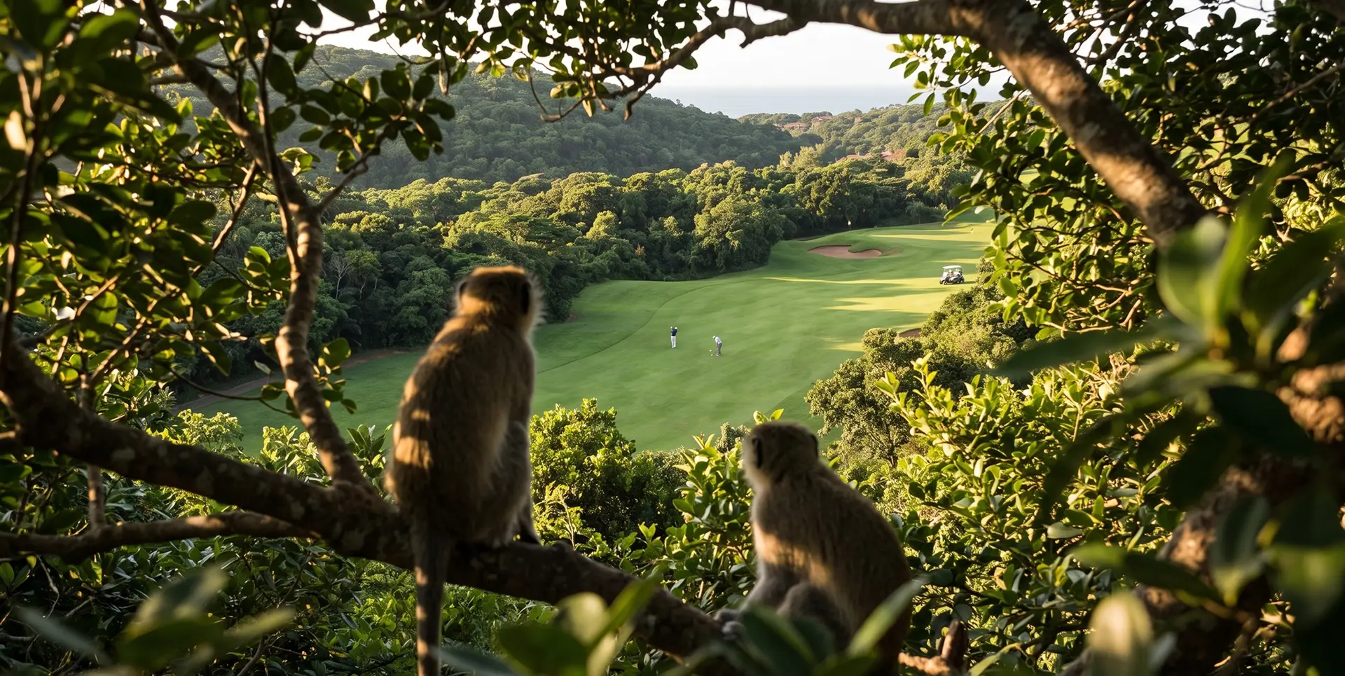 Vervet monkeys watching a fairway from the trees