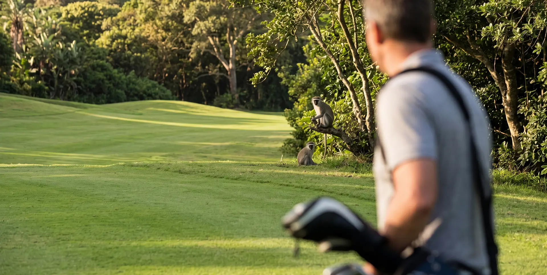 Golfer walking past monkeys at the edge of the fairway