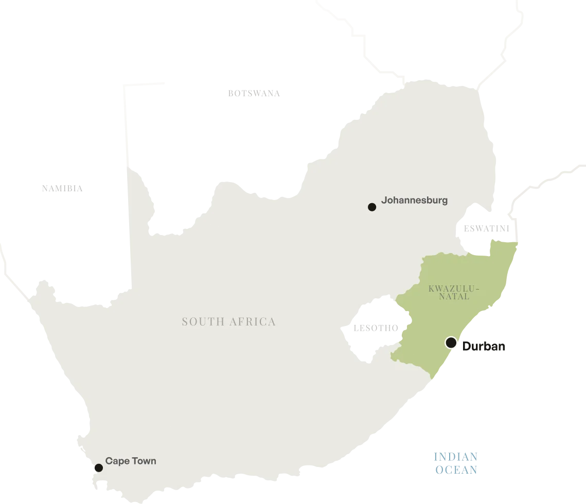 Map of South Africa with KwaZulu-Natal and Durban highlighted