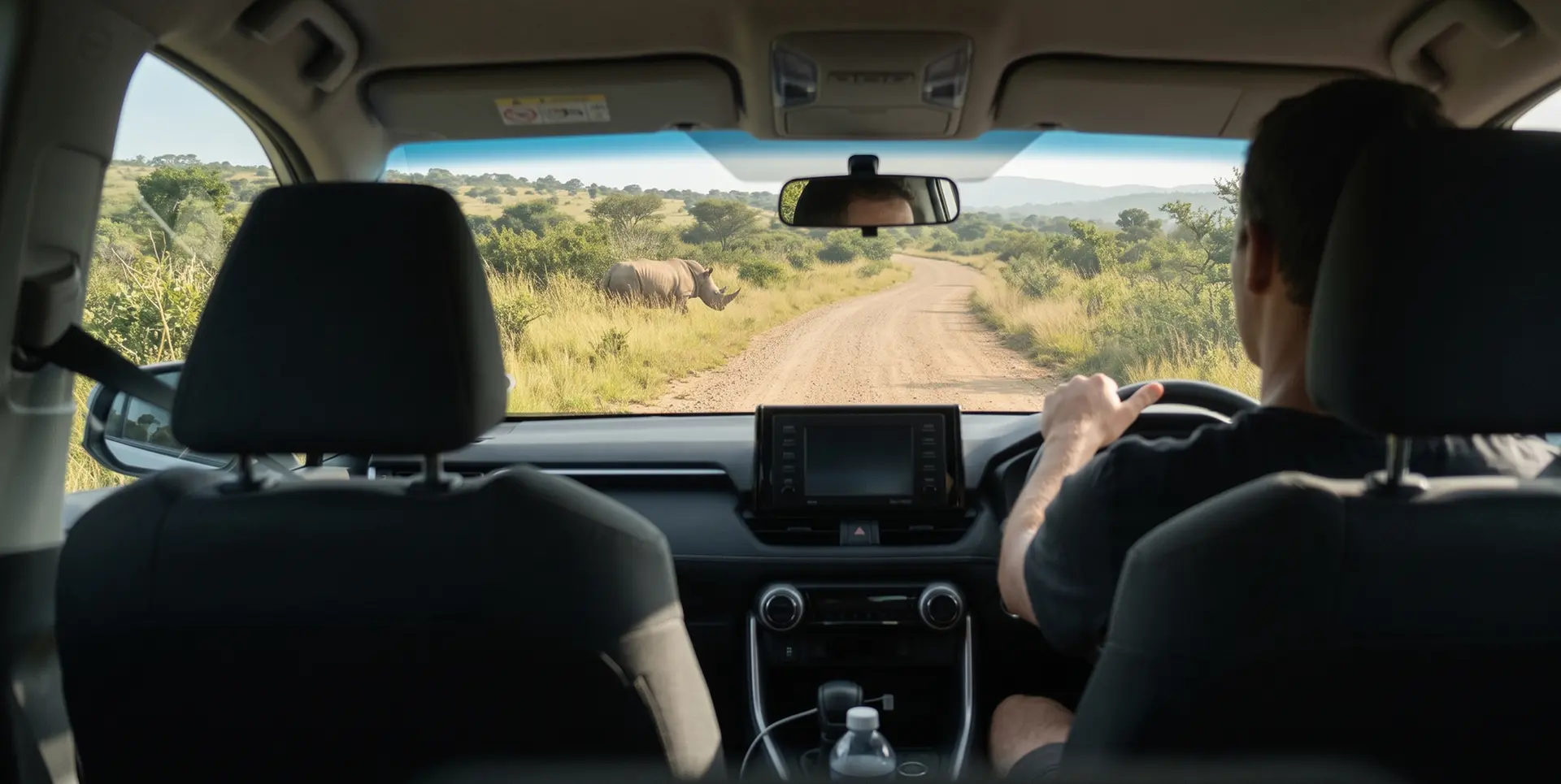 Driver’s view of a rhino on a Zululand dirt road