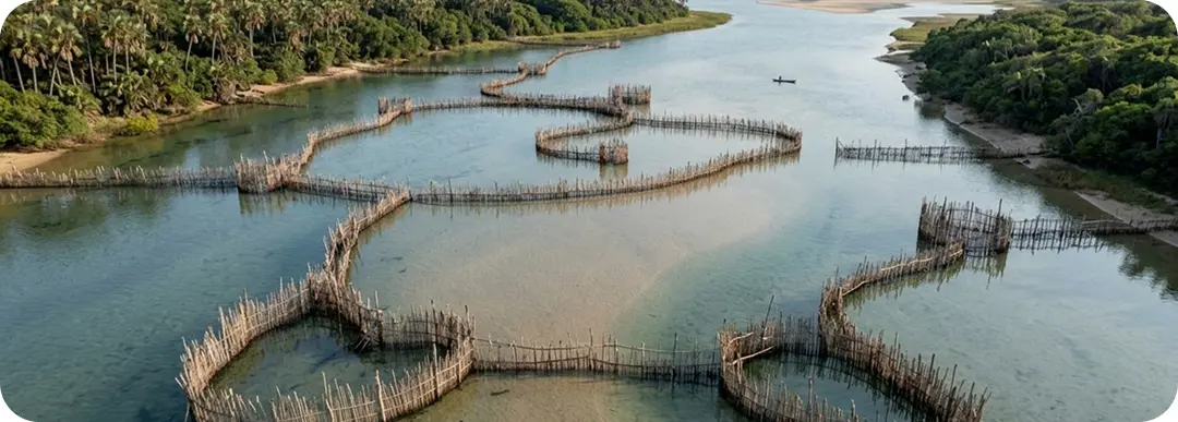 Traditional reed fish traps in the shallows of Kosi Bay