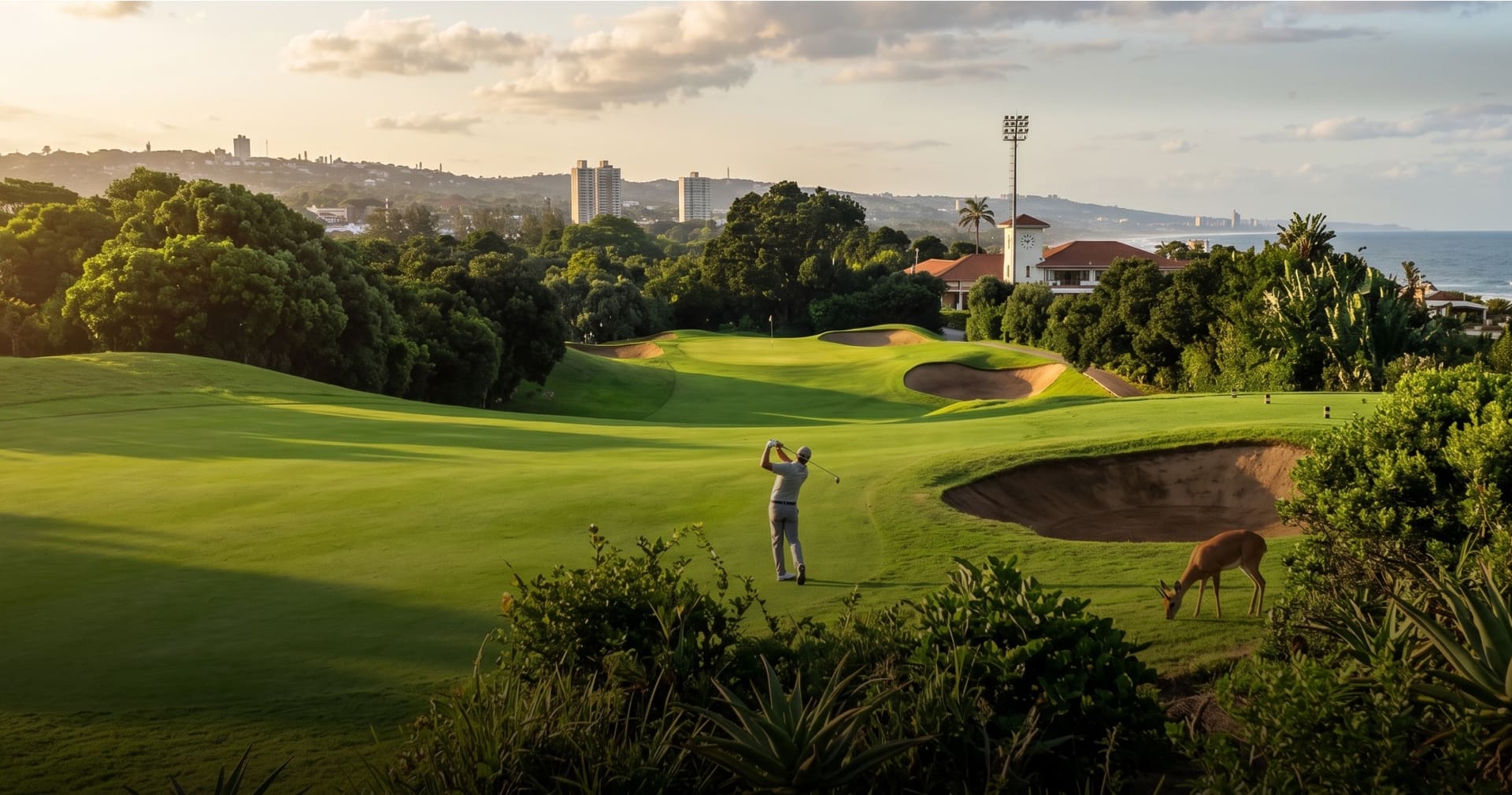 Golf course above Durban with a buck grazing near the bunker