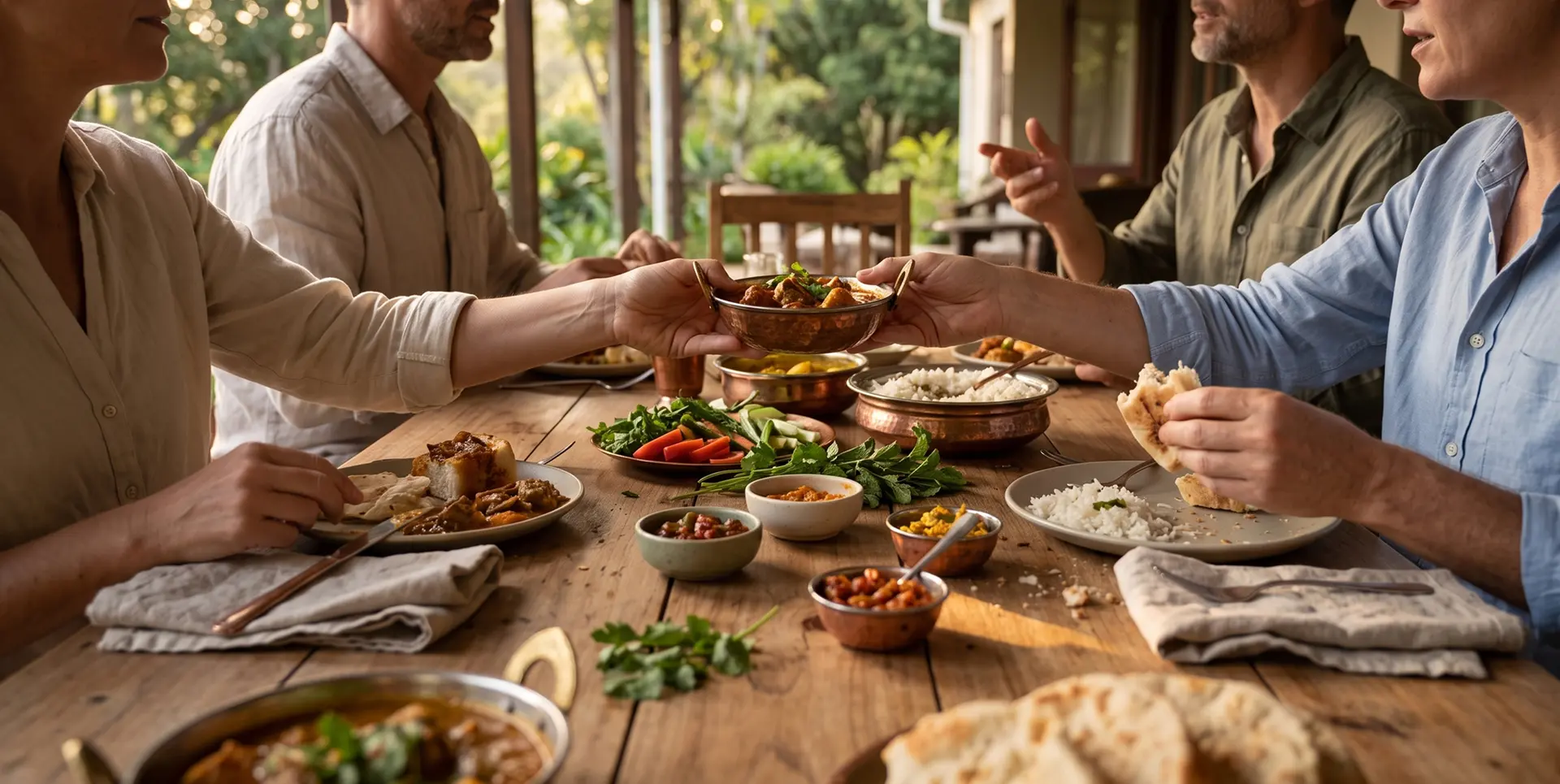 Friends sharing curry dishes at a long table